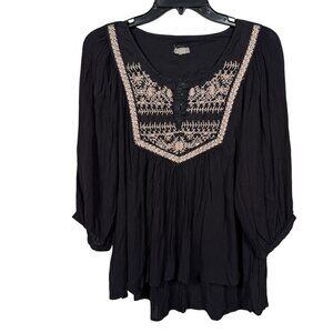 Ecote Top Blouse Large Dark Gray Beige Peasant Embroidered Cottagecore Boho